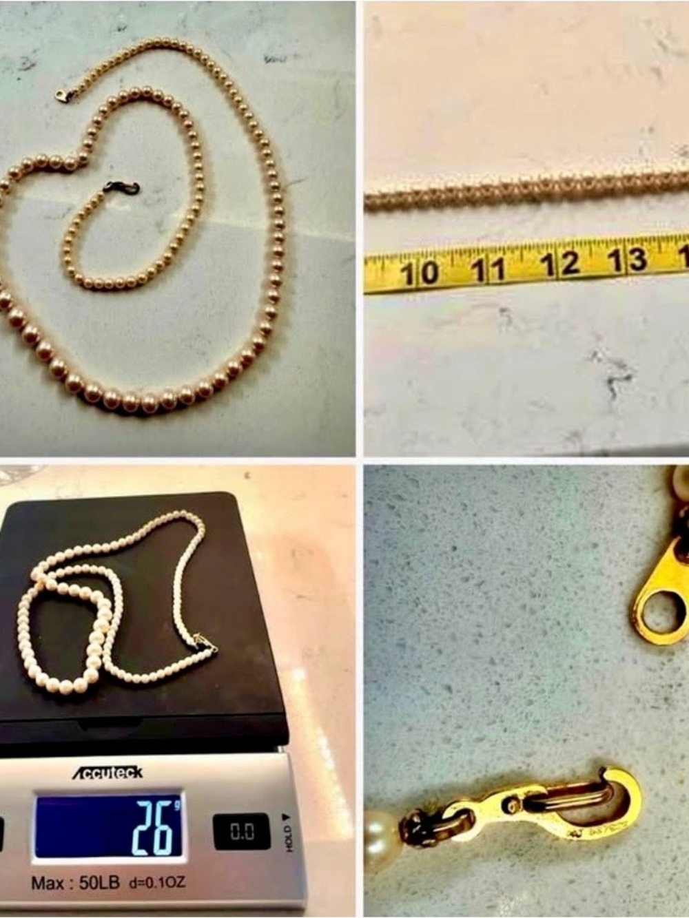 Vtg. Matinee Pearl Necklace. 14K gold clasp. 26” long. Weight: 26g